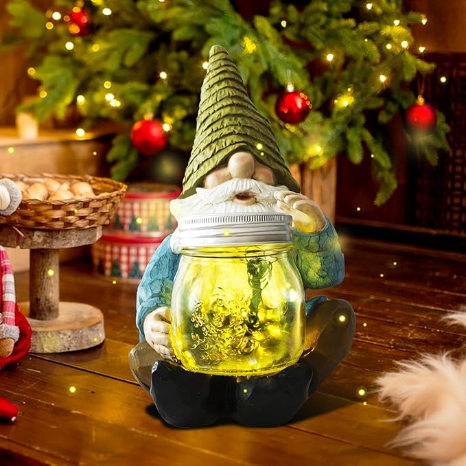 Solar Firefly Jar Gnome Waterproof - Large Garden Gnome Funny Solar Outdoor LED Lights Resin Statues 10.6" Lantern | Lumora