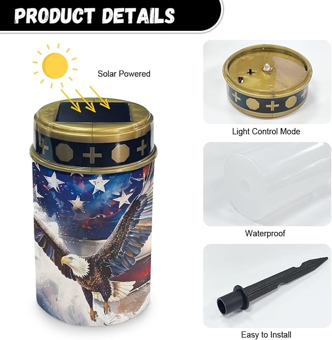 Patriotic Solar Garden Lights Outdoor Decorative 4th of July Solar Stake Lights Landscape Lights Cemetery Decorations for Grave Lights Decorate Lawn, Patio, Fence, Backyard - USA Flag Eagle