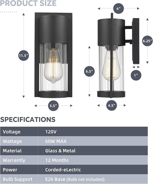 Outdoor Wall Lights, 2 Pack Black Exterior Lighting Fixtures Outdoor Waterproof Wall Mount Lantern with Glass, Modern Outside Wall Sconce for House Porch Garage Doorway, 2254/1W-2PK