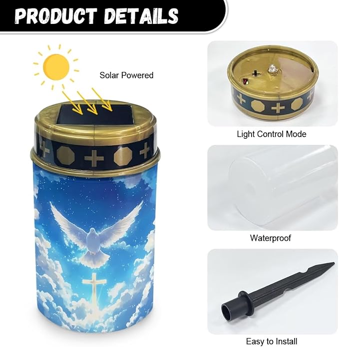 Solar Stake Lights White Bird Cross Memorial Cemetery Decorations Solar Powered Lights for Outside Patio Yard Pathway