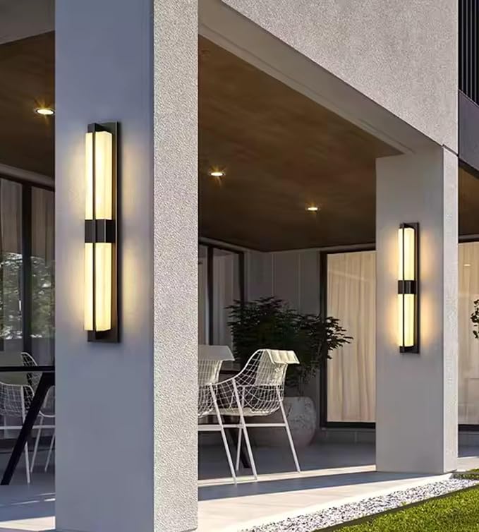 LED Outdoor Wall Lights Fixture Lamps. Modern Elegant Acrylic lampshade with Marble Texture, Aluminum Body. Exterior Black Sconce Wall Lantern IP65 Waterproof Anti Rust. (Modern LED Black 18''H, 9W)