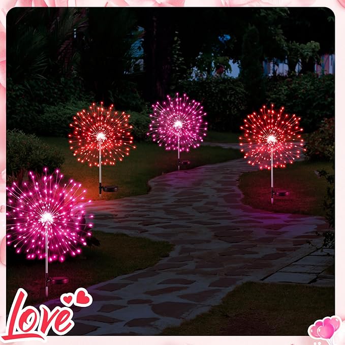 6 Pcs Valentine's Day Solar Firework Lights Solar Lights Outdoor Garden 120 LED 8 Modes Waterproof LED Sparkler Outdoor for Valentines Patio Yard Pathway Walkway (Red,Pink)