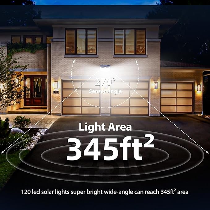 HMCITY Solar Lights Outdoor 120 LED 3 Lighting Modes,Motion Sensor Wall Lights, IP65 Waterproof Solar Powered Wall Lights for Garden Deck Lights (Back Button 4Packs, Black Shell-Daylight White)