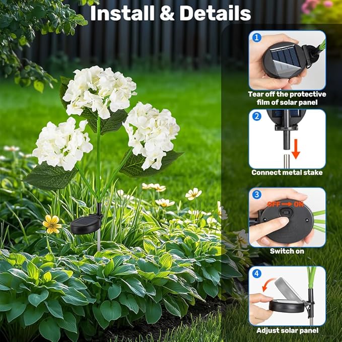 Solar Flower Lights, Solar Garden Lights, 2Pack IP65 Waterproof LED Hydrangea Stake Lights for Garden Decor Pathway Patio Yard (White)