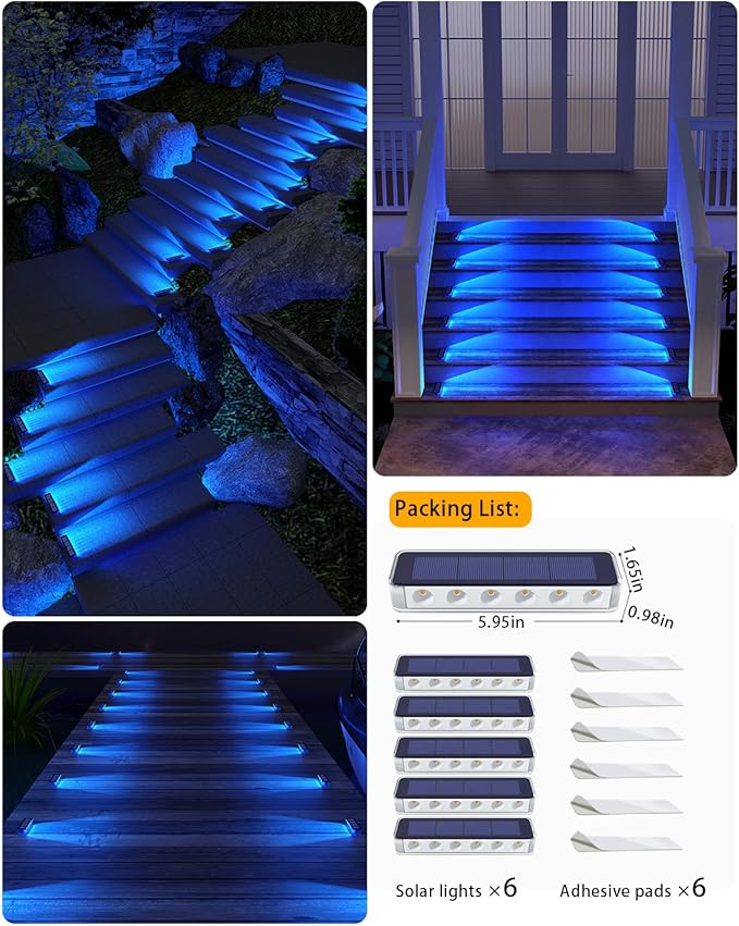 Blue Solar Lights for Outside,6 Pack Solar Deck Lights Outdoor Waterproof LED,Blue Step Light for Outside,Dock Light Solar Powered Waterproof for Deck,Steps,Dock,Driveway,Stair,Path