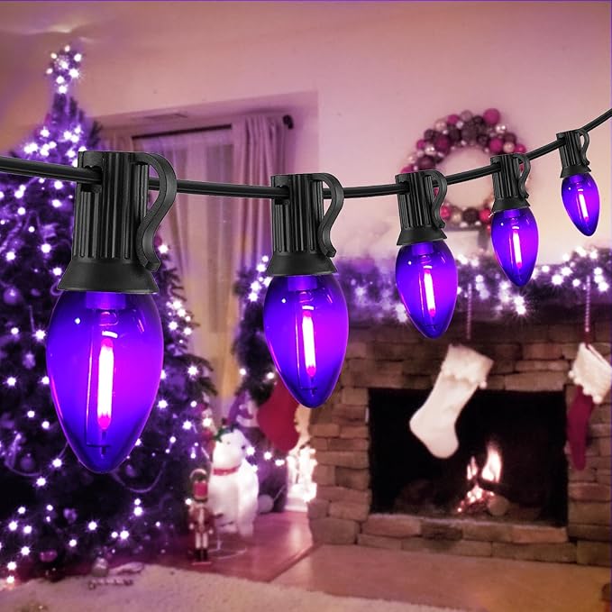 12FT Purple Halloween Lights Outdoor, C7 LED String Lights Plug in with Black Wire for Porch Railing, Walkway | Lumora