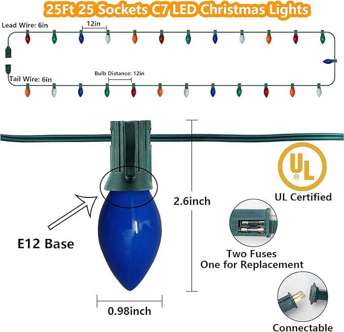 Christmas Lights Outdoor 25Ft C7 LED Vintage Christmas Lights 27 Shatterproof LED Multicolor Bulb Light(2 Spare), Outdoor Xmas Light for Patio Wedding Party Holiday Roofline Tree Decor