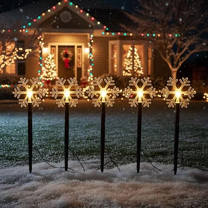 Mycznsyard Solar Snowflake Pathway Light 5 Pack Christmas Decorative Lights Waterproof LED Night Lights for Outdoor Ground Lawn Landscape Holiday Party Decor (Warm White)