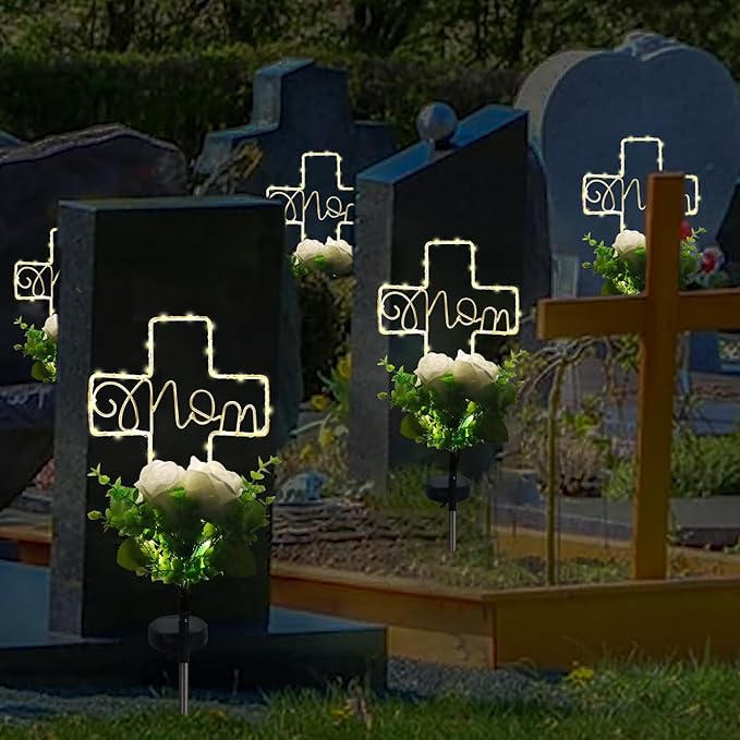 Lmtocs Grave Decorations for Cemetery Mom, Memorial Sympathy Gifts for Mom Cemetery Decorations, Waterproof Solar Cross Lights with Rose Flower for Christmas Mother Day Memorial Day Decor