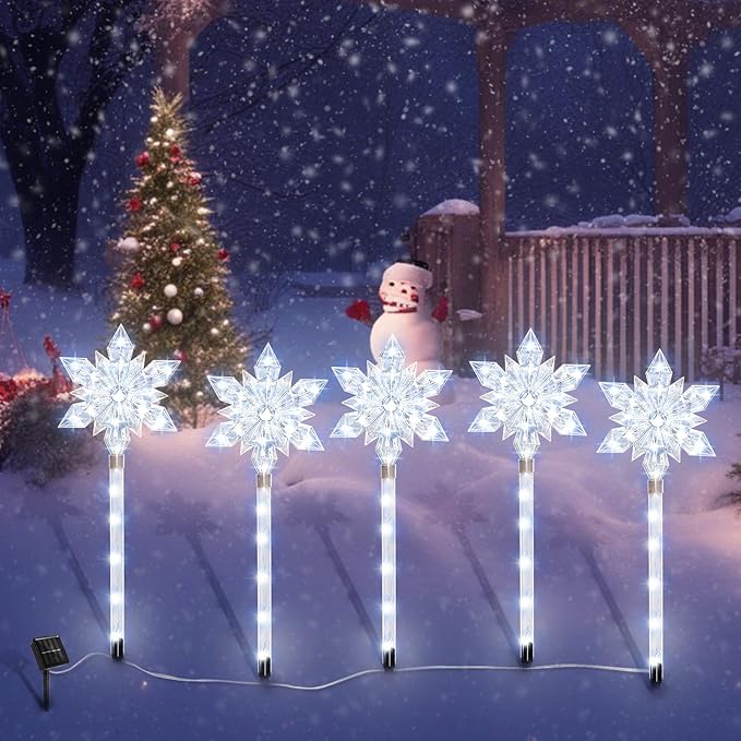 Snowflake Solar Christmas Pathway Lights, Set of 5 LED Outdoor Stake Lights, Waterproof Christmas Decorations for Garden, Yard, Lawn, Walkway, Patio Decor (5pcs Cold White)
