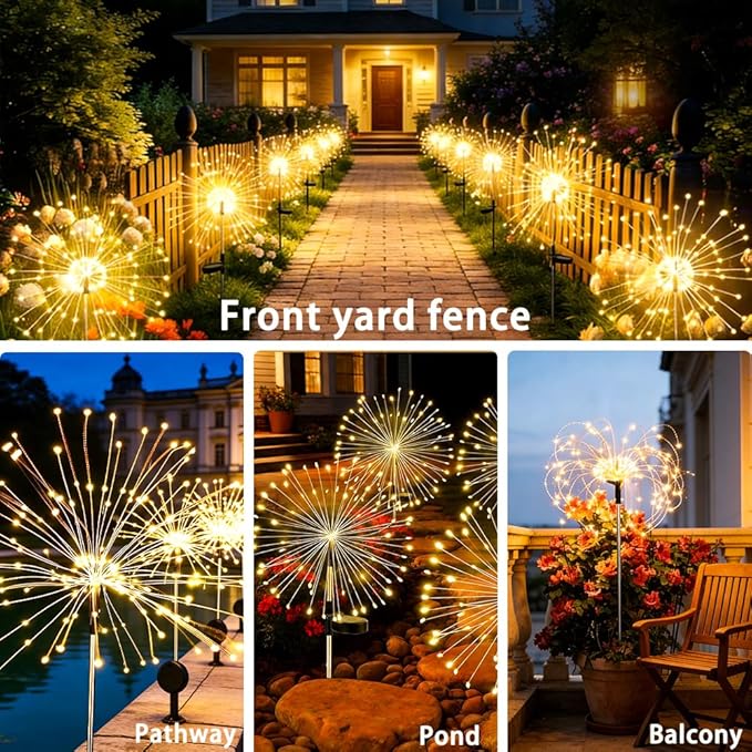 Solar Fireworks Lights for Outside, 150LED 8 Modes Fireworks Solar Lights Outdoor, Fairy Garden Flowers for Yard Pathway Wedding Party Christmas Diwali Garden Decor 8Pack (Warm White)