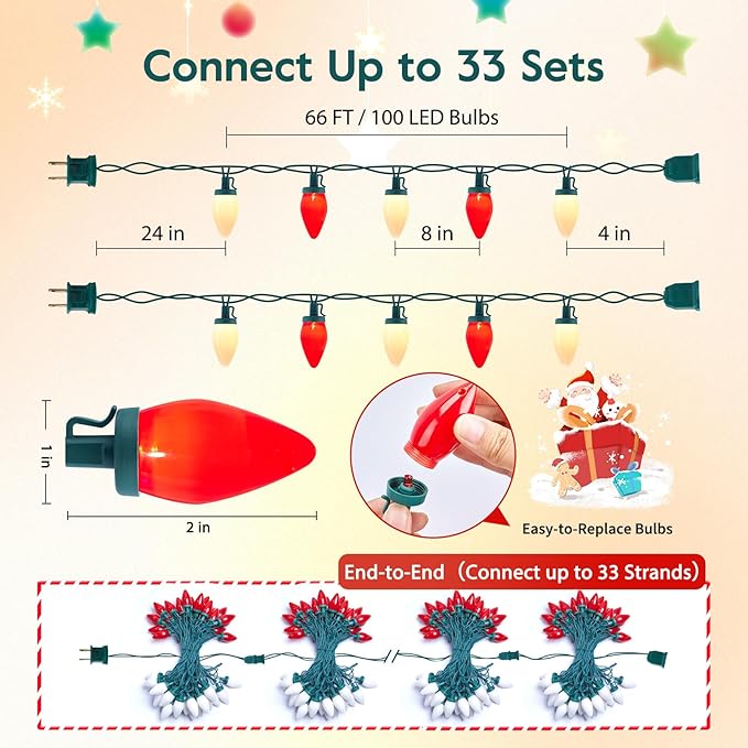 Brightown C9 LED Christmas Lights Outdoor, 2 Pack 66ft Vintage Outdoor Lights String with 100 Smooth Opaque Bulbs | Lumora