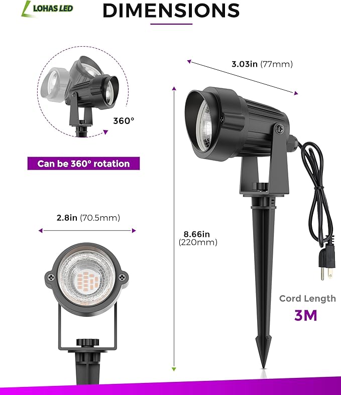 L LOHAS LED Halloween Purple Light, Spot Lights Outdoor, 10W Dusk to Dawn Sensor LED Spotlights for Yard, IP66 Waterproof Pathway Outside Lights, 9.84-ft Cord, Lawn Decor Lamp, UL Listed,2 Pack