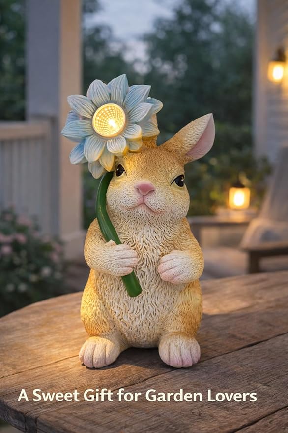 Solar Bunny Garden Statue with LED Flower โ Hand-Painted Resin Rabbit Figurine, Outdoor Solar Light Decor for Yard, Patio, Porch, Lawn (Rabbit)