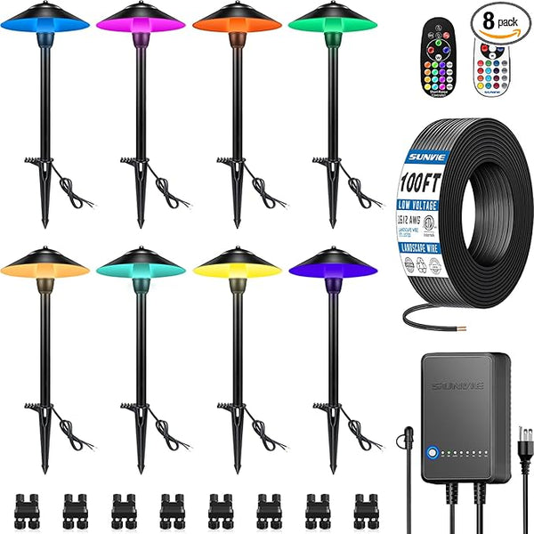 SUNVIE All-in-One RGBW Landscape Lighting Kit, 8 Pack Color Changing Low Voltage Landscape Lights with Connector | Lumora