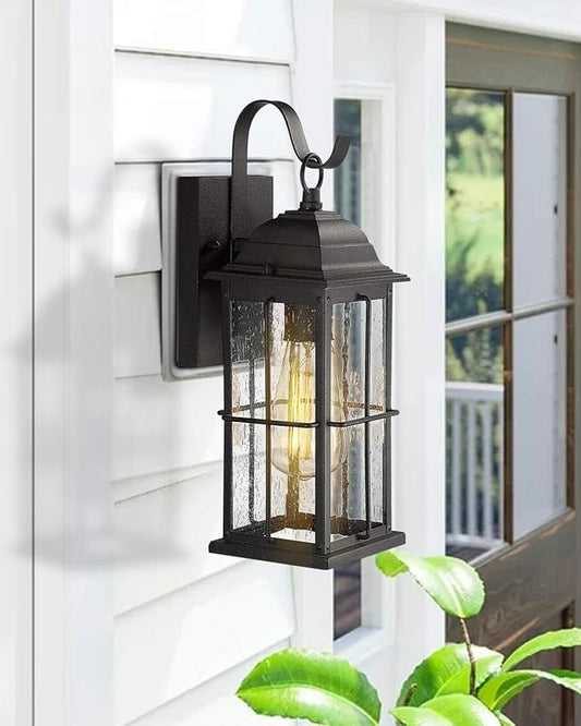 zeyu 1-Light Outdoor Wall Sconce Lantern, 14 inch Exterior Light Fixtures Wall Mount in Black Finish with Seeded Glass Shade, 20071B1