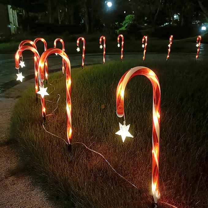 12 Packs Christmas Candy Cane Lights Outdoor Solar Powered Christmas Pathway Lights with Stars Waterproof for Yard | Lumora