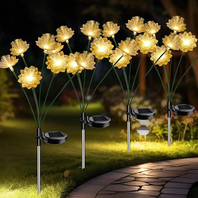 Solar Lights Outdoor Garden Decorative 4 Pack, Solar Flower Swaying Light for Outside, Yard, Patio, Pathway Decoration, Warm White