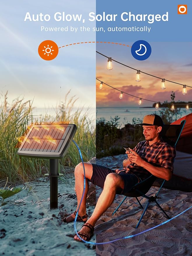 addlon 35FT Solar String Lights Outdoor, IP54 Waterproof Solar Powered with Remote & USB Port, 10+1 LED Shatterproof Bulbs, Dimmable Solar Light Outdoor for Camping Backyard Bistro Porch (Pack of 2)