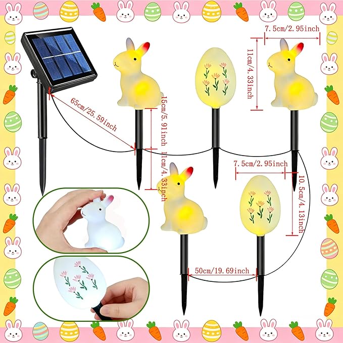 AVEKI 5 Pcs Easter Bunny and Egg Solar Pathway Lights Outdoor, Stake Lights with Steady & Flashing Modes, Waterproof Outdoor Garden Lights for Easter Decorations Yard Pathway (Bunny and Egg)