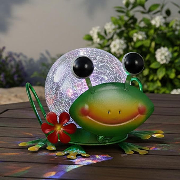 Solar Lights Outdoor Frog Garden Decor with Crackle Glass Globe Lights - Cute Metal Frog Decor for Yard Lawn Patio | Lumora