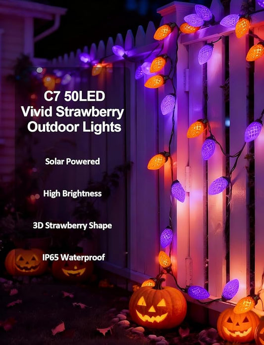 C7 Solar Powered LED Christmas String Lights 50 LED Waterproof Strawberry String Lights Green Wire Lights String for Outside Patio Wedding Party Decor (Orange&Purpl)