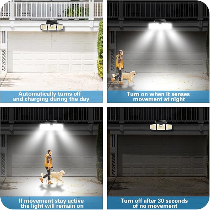AmeriTop Solar Lights Outdoor, 2 Pack LED High Brightness Cordless Solar Motion Sensor Lights; 3 Adjustable Heads, 270ยฐ Wide Angle Illumination, IP65 Waterproof, Security LED Wall Light(Daylight)