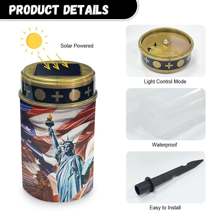 American Flag Solar Outdoor Lights, Statue of Liberty Waterproof Solar Pathway Lights,Auto On/Off Solar Lights, Cemetery Lights for Grave