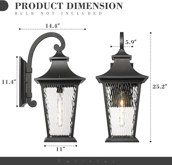 Emliviar 25 Inch Exterior Lighting Fixture, Black Outside Lights for House, Outdoor Wall Lantern with Water Ripple | Lumora