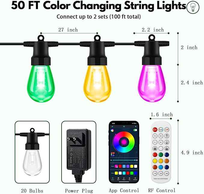 BBG Outdoor String Lights 50FT RGBW - Patio Lights Outdoor Waterproof, 24V Low Voltage, 20 Shatterproof Bulbs, Individual Bulb Color Control, APP & Remote, Linkable, Music Sync, Timer