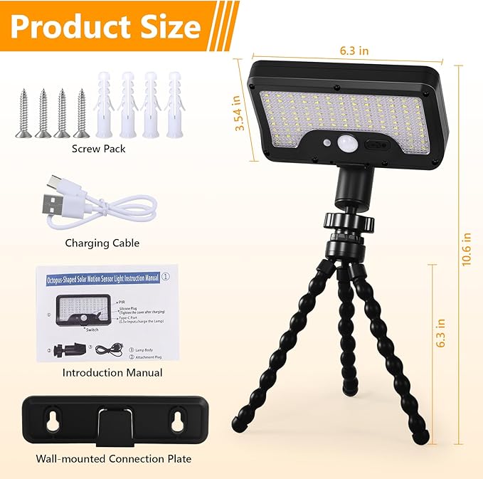 Solar Motion Lights Outdoor with Flexible Octopus Tripod, USB & Solar Powered Motion Sensor Lights with 92 LEDs(600LM,6000K), IP65 Waterproof Motion Activated Light for Fence, Camping, Gutter(2 Pack)