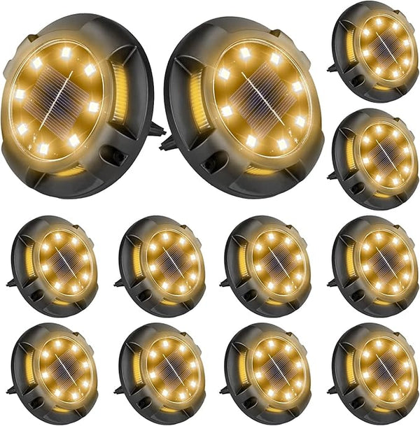 Fohil 12 Pack Solar Ground Lights Outdoor,12 LEDs Solar Disk Lights Waterproof In-ground Lights for Pathway Lawn | Lumora