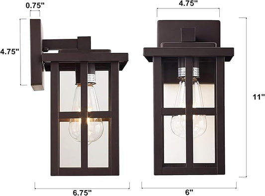 MICSIU 2-Pack Bronze Outdoor Wall Light Fixtures, 11" Modern Farmhouse Exterior Wall Mount Lantern with Clear Glass, Anti-Rust Square Sconce for House Porch Garage, Oil Rubbed Bronze