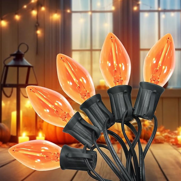C7 Christmas Lights, Led Clear Orange Halloween Outdoor String Lights, 25FT Commercial Grade Patio Light with 27 C7 | Lumora