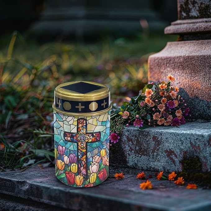 Solar Cross for Cemetery Grave Tulip Cemetery Decorations for Grave Auto On/Off LED Solar Light for Landscape Outdoor Cemetery Decor Memorial Gifts