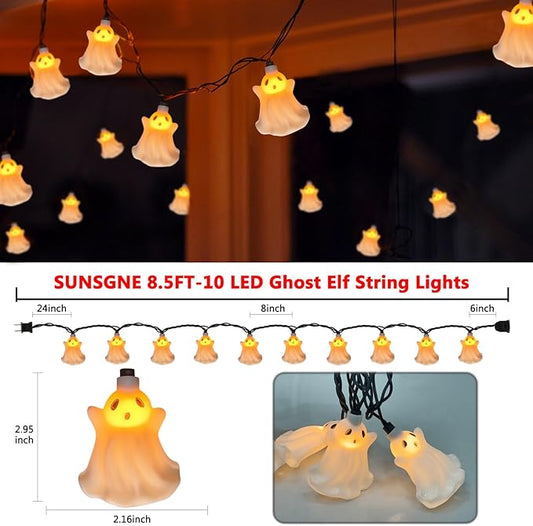 SUNSGNE Halloween Ghost LED String Lights 8.5FT Indoor String Lights with 10 LED White Genius for Outdoor Patio Indoor Home Bedroom Kids Room School Wall Decor