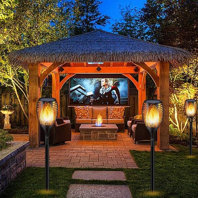 Ulalaza 2Pcs Solar Outdoor Lights 33 LED Flickering Flames Torch Light Waterproof Landscape Ligh Auto On/Off Path Lights