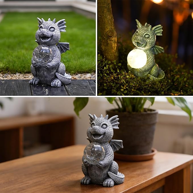 Qeeman Solar Dragon Garden Decor Statues: Patio Porch Balcony Yard Art Lawn Ornaments Outdoor Outside Decorations - Birthday Gifts for Mom Grandma Women