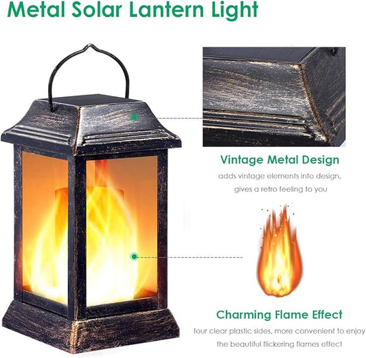 TomCare Solar Lights Metal Flickering Flame Solar Lantern Outdoor Hanging Lanterns Lighting Heavy Duty Solar Powered Waterproof LED Flame Lights for Outdoor Patio Garden, 2 Pack (Bronze)