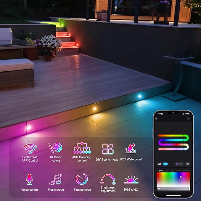Sumaote LED Deck Lights Kit, 30Pack 1.22" WiFi RGBW+IC Multicolor Dynamic Recessed Low Voltage Deck Lighting Work with Alexa/Google Home, IP67 Waterproof 12V Step Lights Outdoor for Garden Yard Stair