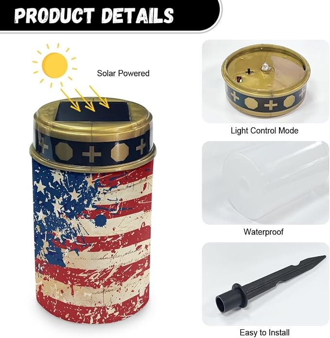 American Flag Print Solar Lights Outdoor Garden, Waterproof Solar Powered Stake Lights for Dad Grandma Garden Yard Gravesite Decorations