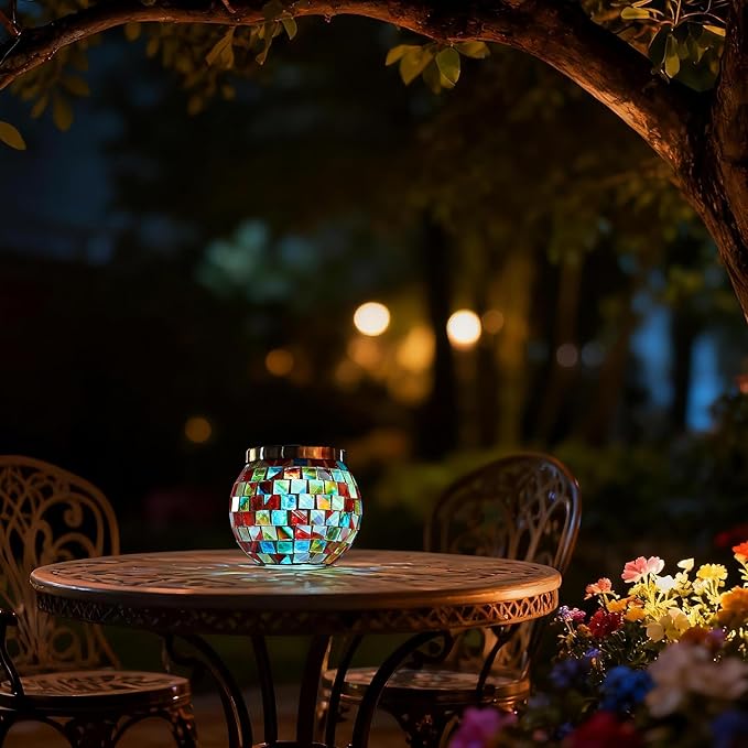 Cooo 4 Pack Valentines Day Gifts for Him Her Landscape Lighting Path Lights Heavy Solar Mosaic Lantern with RGB Color-Changing Light – Dual Solar Panels, Red Amber Glass Tiles, Waterproof Outdoor