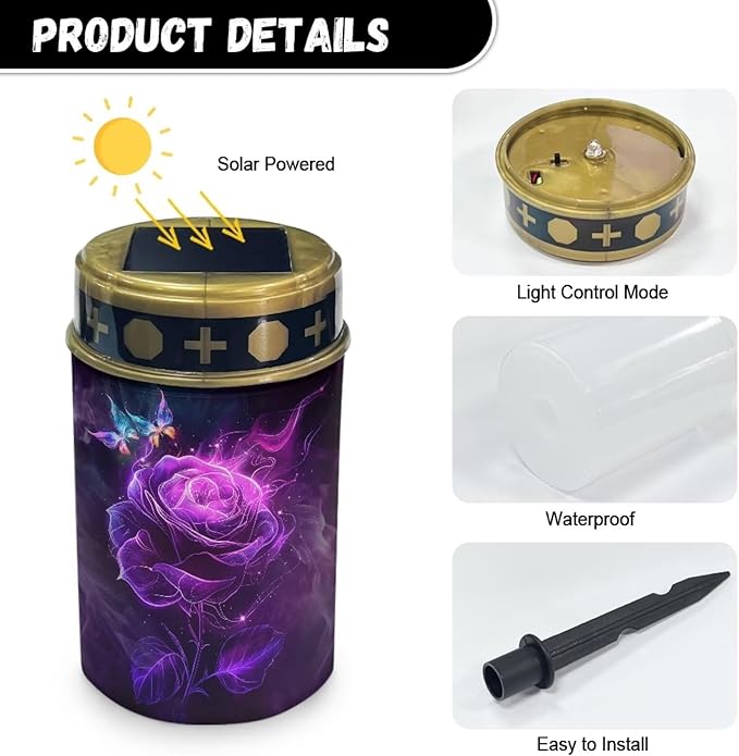 Purple Rose Garden Decor Solar Light Outdoor Stake Patio Yard Lawn Porch Pathway Grave Solar Lights for Cemetery Christmas Outside Waterproof Decorations