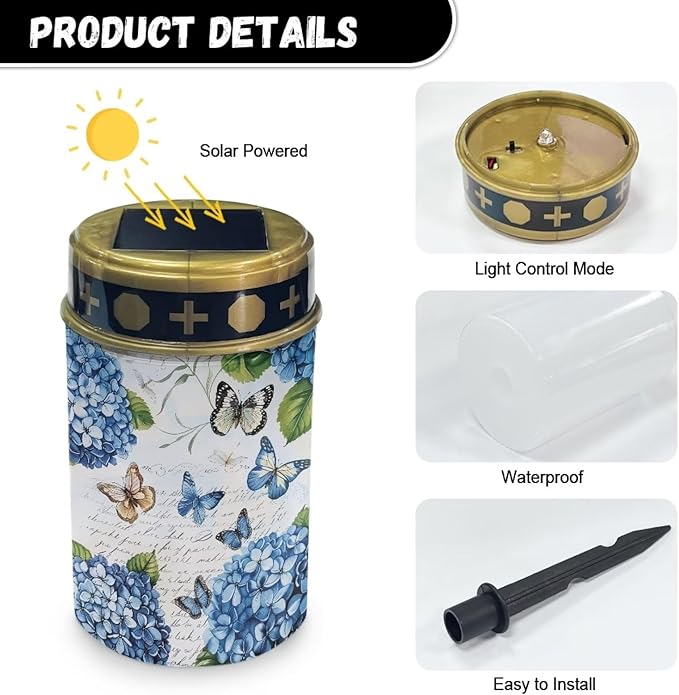 Outdoor Solar Garden Lights,Butterfly Blue Flowers Waterproof Solar Outdoor Lights,Solar Stake Lights for Cemetery Grave Garden Patio Yard Lawn Decoration