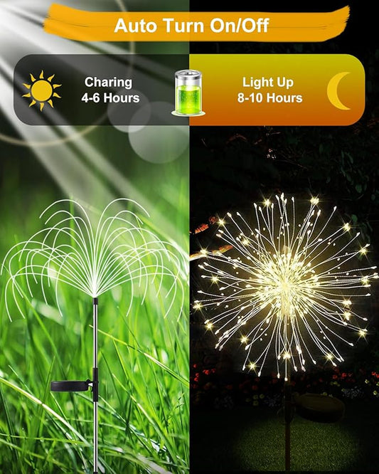 Solar Firework Lights Outdoor Waterproof 2Pcs 200 LED with 8 Modes DIY Stake Landscape Light for Outside Garden Yard Pathway Party Decor Christmas Decoration Solar Starburst Lights Warm White