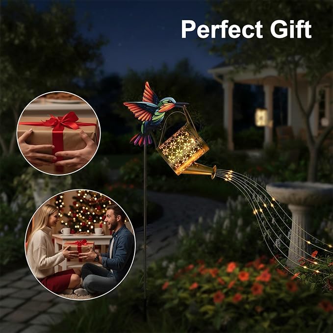 Solar Watering Can with Cascading Lights Outdoor Garden Decor,Solar Hummingbird Lights Shaped Hook Gardening Gifts | Lumora