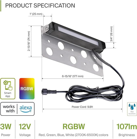 ASD LED 7 Inch Retaining Wall Light Fixture, Hardscape Paver Lighting | RGBW, App & Voice Control, Waterproof, ETL Listed | 3W 110LM RGB-2700K-6500K 12V | Landscape Step Illumination | Black, 8 Pack