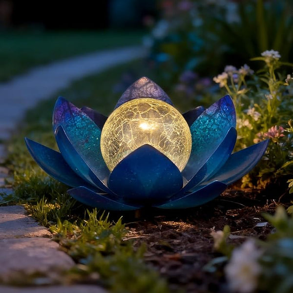 Huaxu Solar Lights Outdoor Garden Decoration Crackle Globe Glass Waterproof LED Metal Blue Lotus Flowers Gift for | Lumora