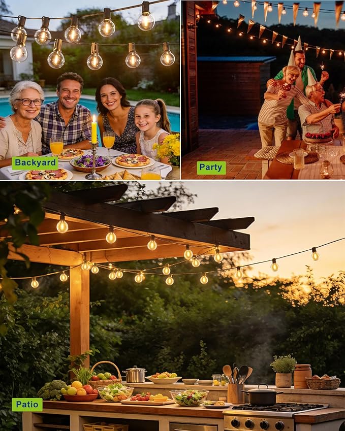 Outdoor-String-Lights-Patio-LED-Light-Outside 30FT Waterproof Dimmable Remote Outdoor Lighting Plastic Globe G40 LED Bulbs Hanging Lights Connectable for Backyard Porch Party 12 inch Far Apart