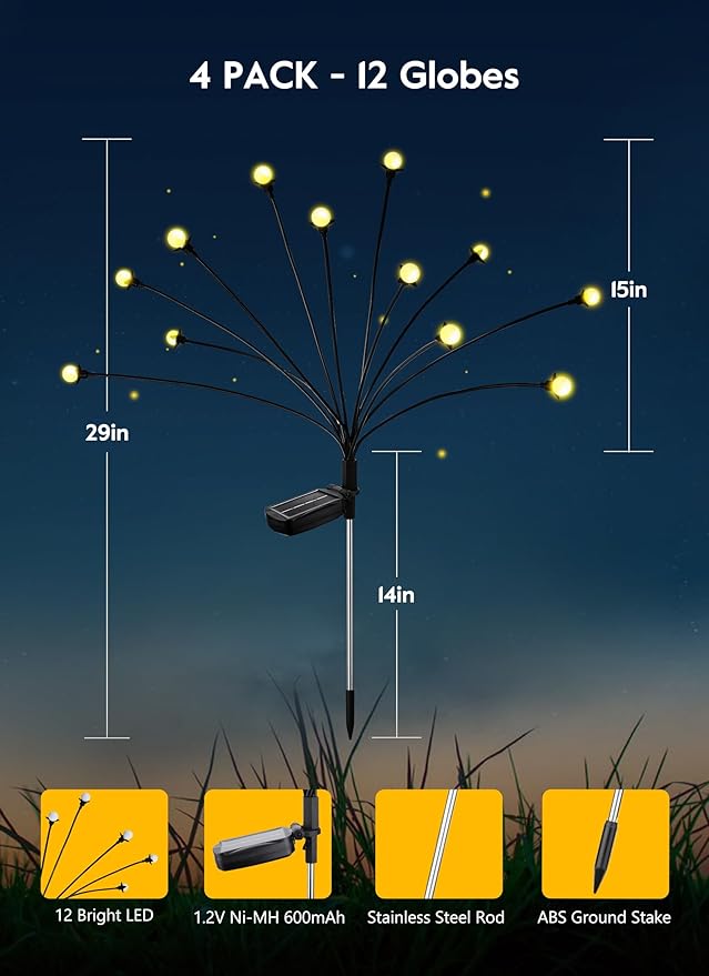 Brightown Solar Garden Lights - 4 Pack 48 LED Firefly Lights with 2 Lighting Mode, Sway by Wind, Waterproof Solar Light for Outdoor Outside Yard, Warm White